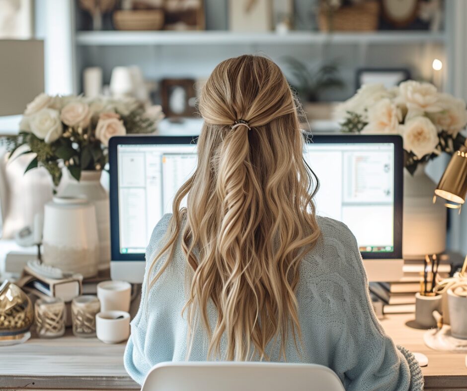 Dekorativ, Blonde Frau von hinten, schaut auf Bildschirm